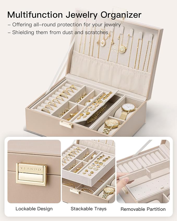 VLANDO Jewelry Organizer,2 Layer Jewelry Box Large Jewelry Organizer for Women Removable Jewelery Tray with Watch Pillow for Necklace Earrings Rings Bracelets (Toffee)