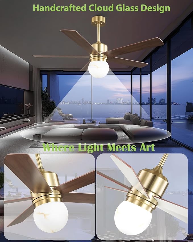 52 Inch Ceiling Fan with Light and Remote, Indoor & Outdoor Brushed Gold Ceiling Fan for Living Room Garage, Quiet DC Motor, Timer, 6 Speeds