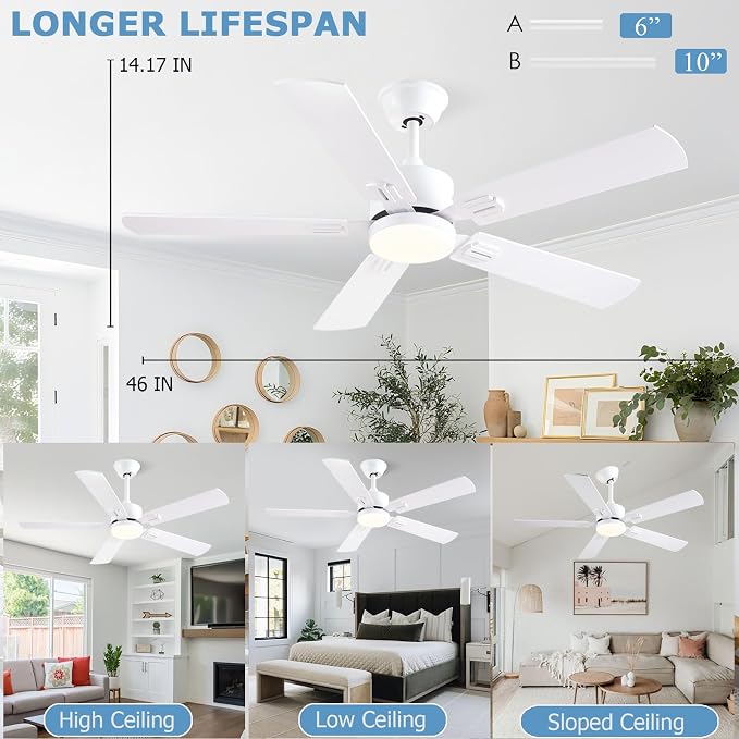 FUMLTP 46 inch Modern White Ceiling Fans with Lights APP/Remote Control, Low Profile Reversible 6 Speeds Ceiling Fan Light for Indoor/Outdoor Patio Bedroom Living Room