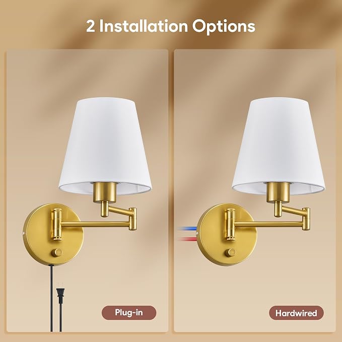 VONLUCE Swing Arm Wall Lamp, Plug in & Hardwired Wall Sconce, Adjustable Wall Mounted Lighting Fixture, Modern Wall Light with Golden Base White Fabric Shade for Bedside, Hallway, Reading