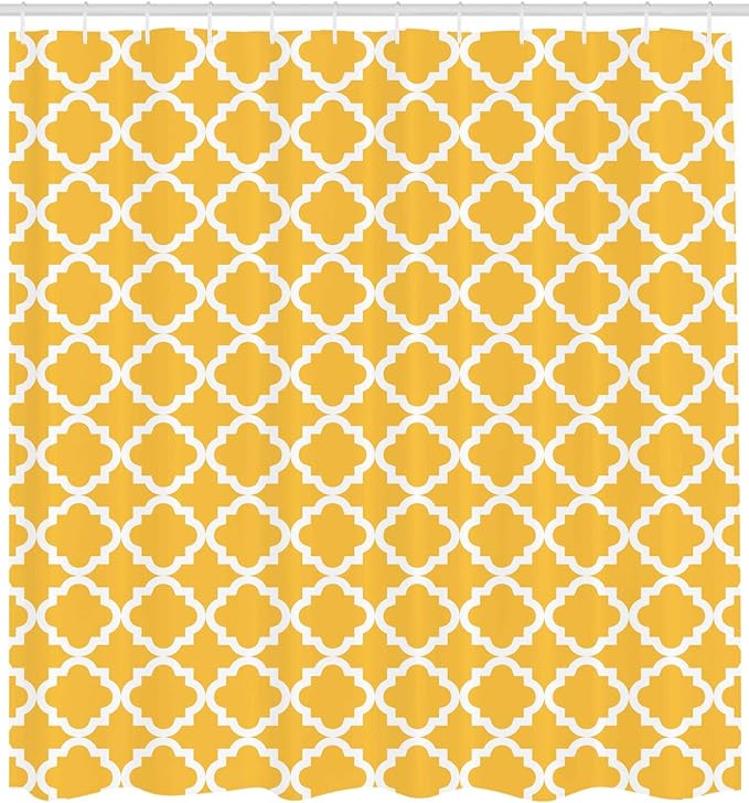 Ambesonne Quatrefoil Shower Curtain, Vintage Classic Pattern with Monochrome Elements in Old Fashioned Style Print, Cloth Fabric Bathroom Decor Set with Hooks, 69" W x 70" L, Mustard White