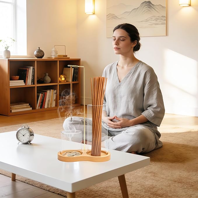 Anti Ash Flying Glass Incense Sticks Holder - 2 in 1 Modern Vertical Incense Burner with Removable Glass Ash Catcher & Wood Base for Spa,Meditation,Yoga,Zen Home Decor