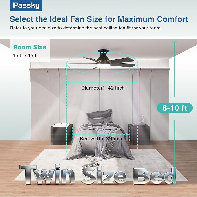 Passky Ceiling Fans with Lights, 42 inch Flush Mount Ceiling fan with Remote Control, Low Profile Ceiling Fan for Bedroom, Farmhouse, Reversible, 3CCT, Dimmable, Noiseless DC Motor, Black