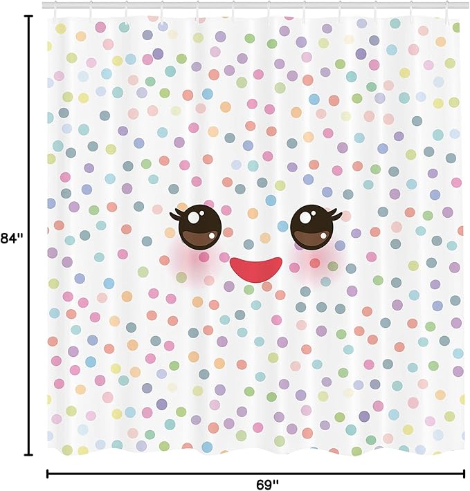 Ambesonne Eyelash Shower Curtain, Kawaii Funny Muzzle Pastel Tone Cheeks and Eyes on Colorful Polka Dots Backdrop, Cloth Fabric Bathroom Decor Set with Hooks, 69" W x 84" L, Brown Multicolor