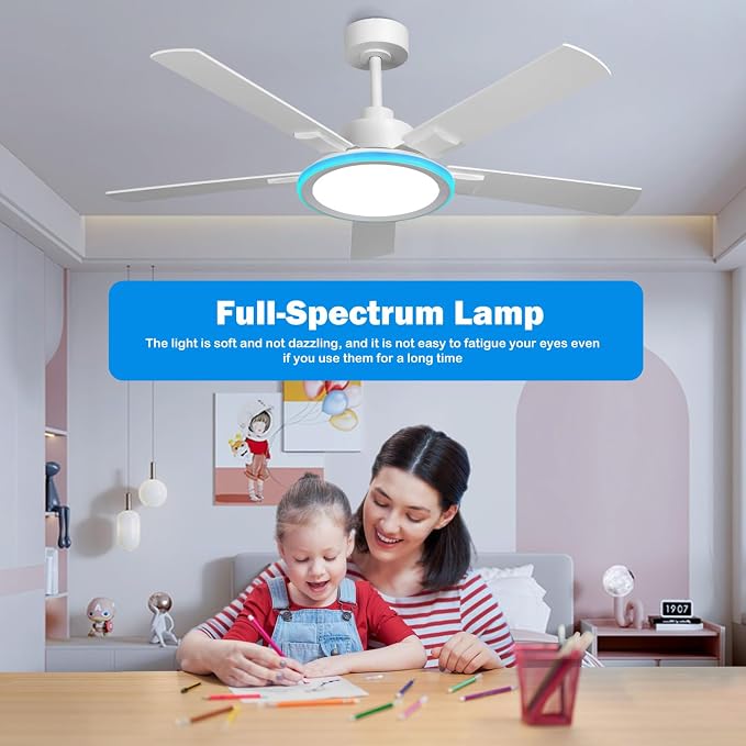 52" Ceiling Fans with Lights,Bluetooth Ceiling Fan with Speaker,6-Speed Reversible Motor,Full-Spectrum Adjustable Lighting,Edge Ambient Lights,Low Profile Ceiling Fan with Light and Remote/App Control