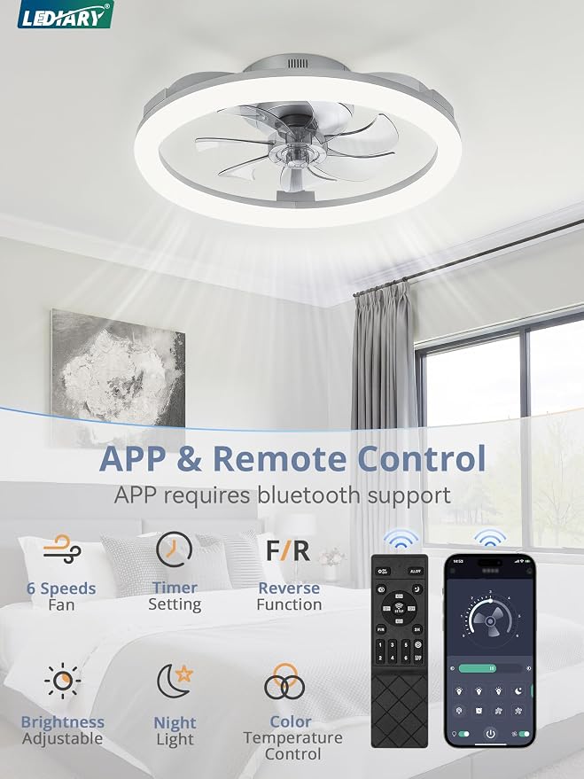 LEDIARY 20 Inch Low Profile Ceiling Fans with Lights and Remote, Dimmable Modern Fan Light(3000K-6000K), 6 Speed, Reversible, APP & Remote Control, Flush Mount Ceiling Fan for Bedroom, Grey
