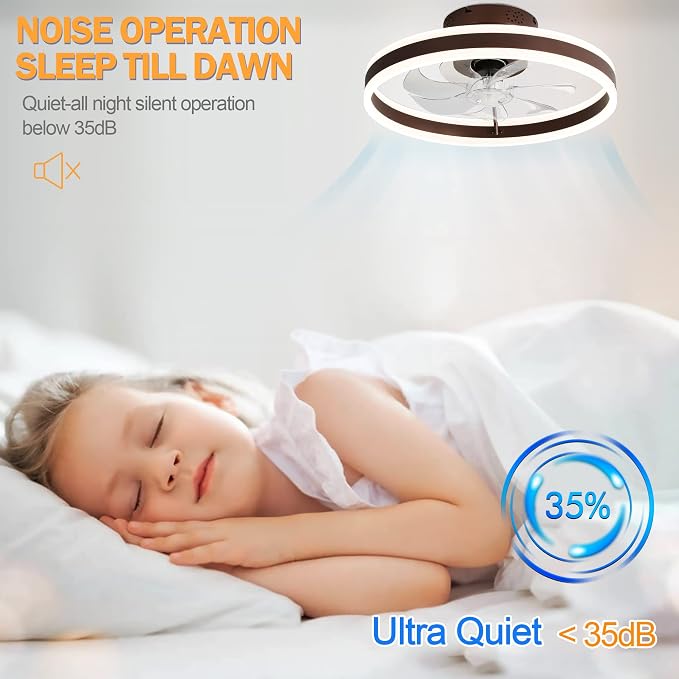 20" Round Flush Mount Ceiling Fan with Lights, Modern Dimmable LED Low Profile Fan,Multi-Speed and Timing with Remote Control for Kids Bedroom/Dining Room/Kitchen