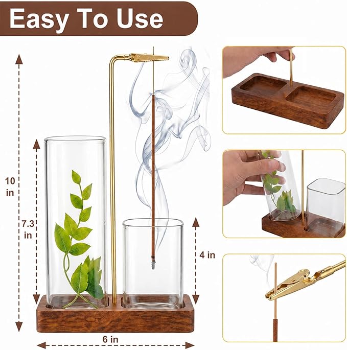 2 in 1 Upside Down Incense Holder for Sticks, Wooden Glass Incense Burner with Square Ash Catcher & Storage, Anti-Ash Flying Vertical Insence Holder Set with Brush for Yoga Spa Meditation Decor