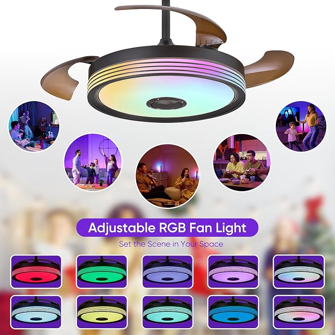 FIDGRA 48'' Retractable Ceiling Fan with Light, Bluetooth Modern Ceiling Fans with Speaker, RGB LED Lights, 6 Speeds, Reversible Motor for Bedroom, Living Room, Party-Black
