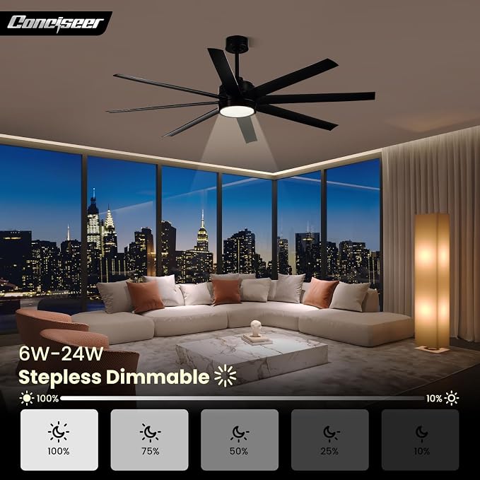 Modern Ceiling Fans with Lights, 65 Inch Ceiling Fan with Light and Remote for Bedroom Living Room Kitchen Office, Indoor/Outdoor Use, 24W 6CCT 8 Blades 6 Speed Reversible Quiet DC Motor, Black