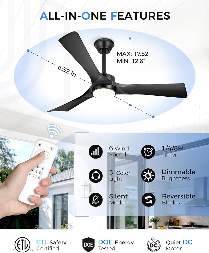 52" Ceiling Fan with Light & Remote, Black, ZCCF08BK-52 | Coastal-grade finish, remote, 6 speeds, 3CCT dimmable LED and quiet reversible DC motor for living rooms and covered patios