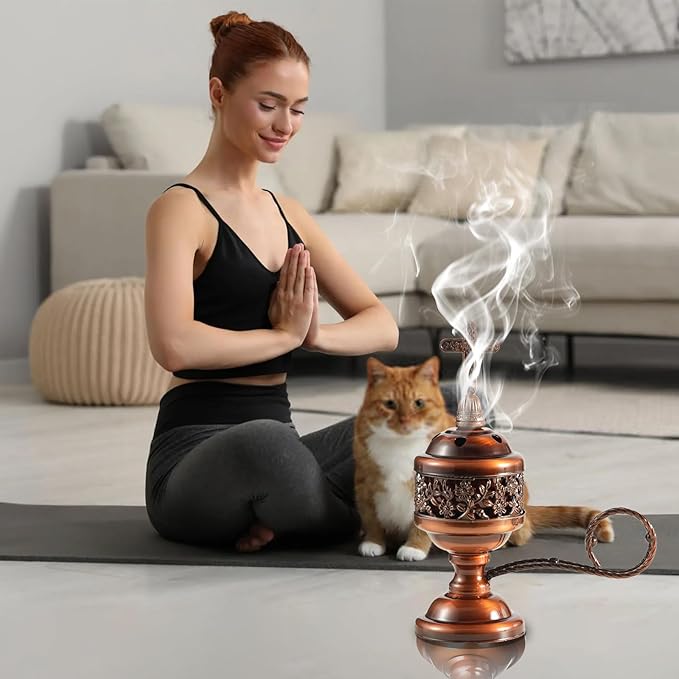 Copper Incense Burner with Tong – Frankincense Charcoal Incense Stand Aromatherapy, Yoga, Spa, Home Decor, and Church Use – Compact & Durable Bakhoor Holder