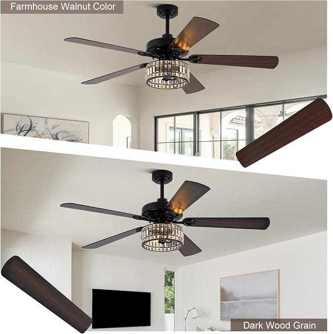 60" Crystal Ceiling Fan with Lights and Remote, Rustic Chandelier | Farmhouse Fandelier Ceiling Fan, Crystal Caged Chandelier for Living Room Indoor Cover Porch, Reversible DC Motor 6 Speeds