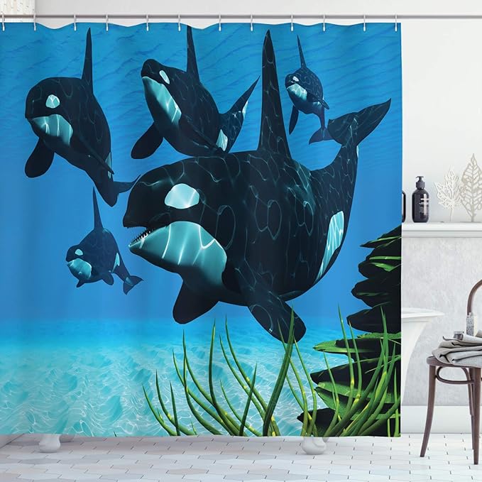 Ambesonne Whale Shower Curtain, Pod of Killer Whales Swim Along a Reef Looking for Fish Prey Ocean Picture Print, Cloth Fabric Bathroom Decor Set with Hooks, 69" W x 70" L, Sky Blue Green
