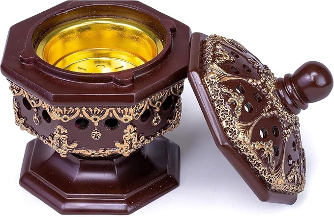 AM Lux Octagon Incense Burner – Bakhoor & Cone Holder | Charcoal Resin Burner for Frankincense, Myrrh & Aromatherapy | Decorative Mabkhara for Home, Office & Meditation Room Decor (Octagon Brown)