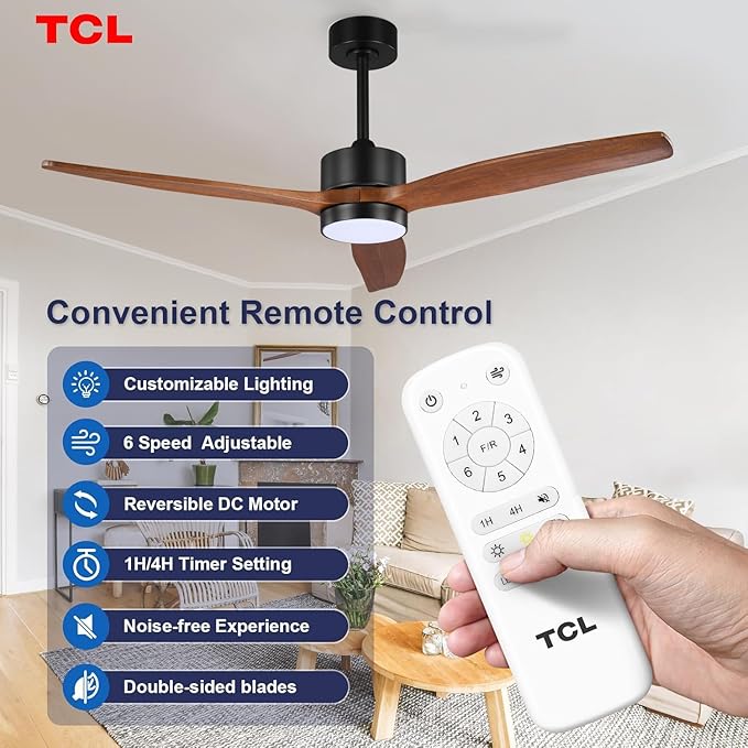 TCL Ceiling Fans with Light and Remote: 60 inch 3 Wooden Blades 3 Dimmable LED Fan for Room Indoor Modern Farmhouse Decor - 6 Speed Memory DC Reversible Fan Lights (Walnut, 60 Inch)
