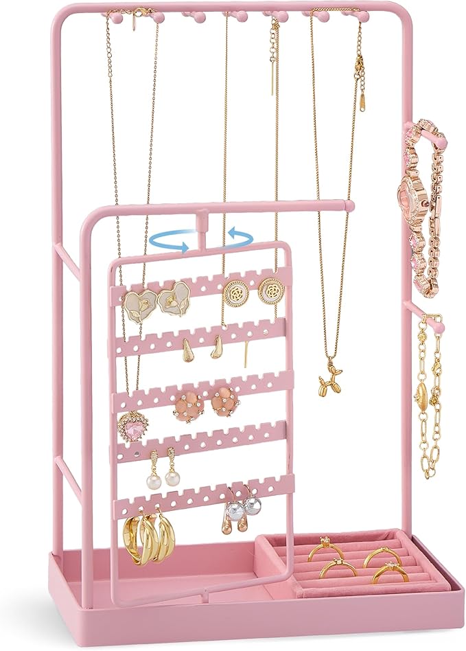 ProCase Jewelry Stand Holder Organizer and Storage, Pink (No-Assembly) | Rotating Earring Bracelet Holder Storage, Hanging Jewelry Display Velvet Ring Tray, Teen Girls Birthday Gifts Room Dorm Decor