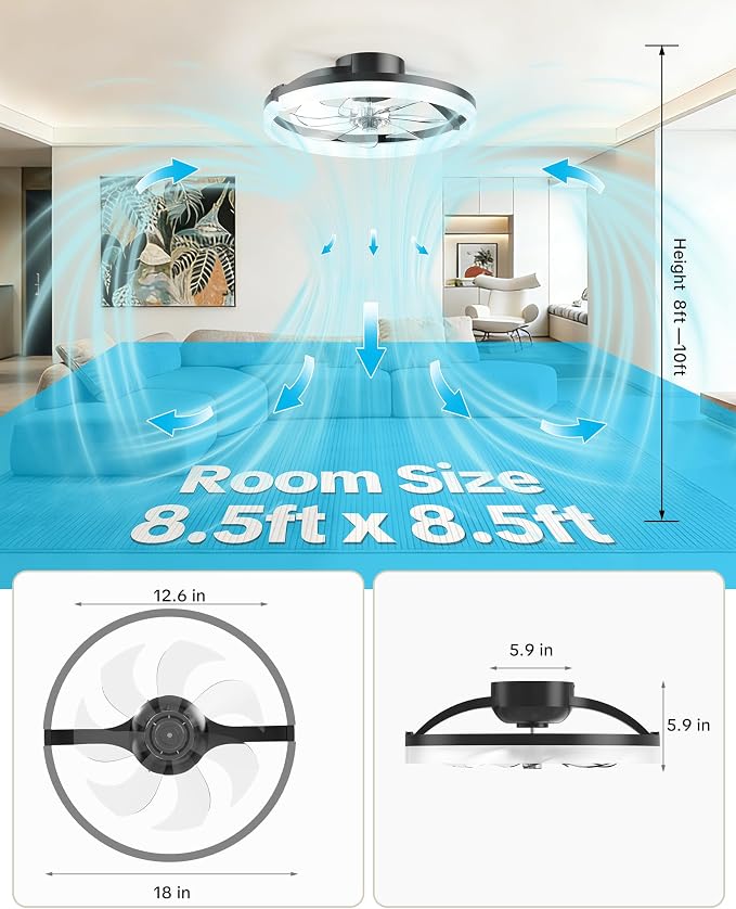 Ceiling Fans with Lights and Remote, Low Profile Ceiling Fan, Morden Flush Mount LED Fan Light, 3000K-6500K Dimmable for Bedroom, Kitchen, Living Room, Frosted, Black