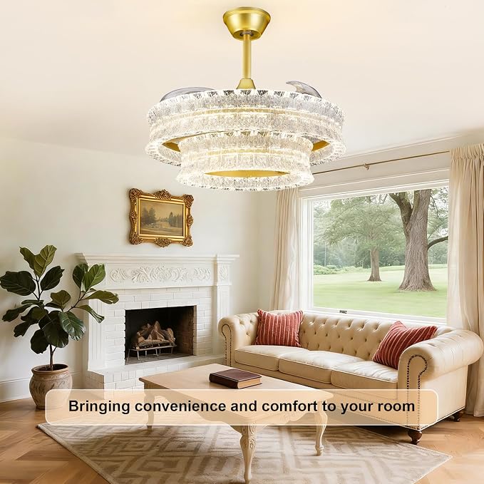 Depuley Crystal Ceiling Fans with Lights: 24" Gold Cagd Fan with Remote Control - Fandelier Fan Light for Girl's Bedroom Living Room Nursery