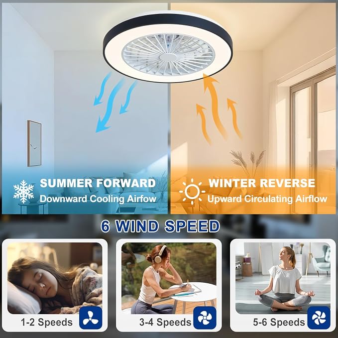 Depuley RGB Ceiling Fan with Light: 19" Enclosed Low Profile Flush Mount LED Ceiling Fans with Remote Control - Modern Black Bladeless Fandelier Dimmable Quiet DC Motor for Bedroom KTV Room
