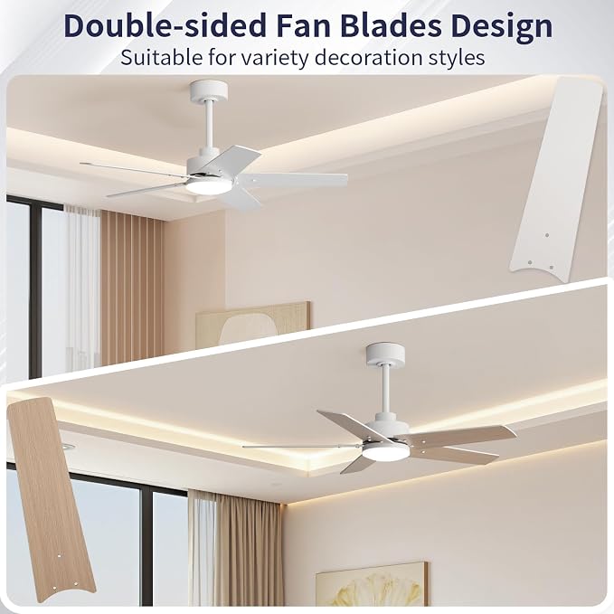 42 Inch Ceiling Fans with Lights and Remote for Bedroom Living Room Kitchen Home Office Indoor/Outdoor, 6CCT Dimmable, Dual Color 5 Blades, 6 Speed Reversible Quiet DC Motor, White/Wood Grain