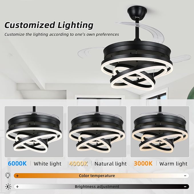 Retractable Ceiling Fan, 42 Inch Chandelier Ceiling Fans with Light, Modern Fandelier Ceiling Fan for Bedroom Living Room Dinning Room, Reverse Motor, 3 Color Temperature, 6 Wind Speed, Black