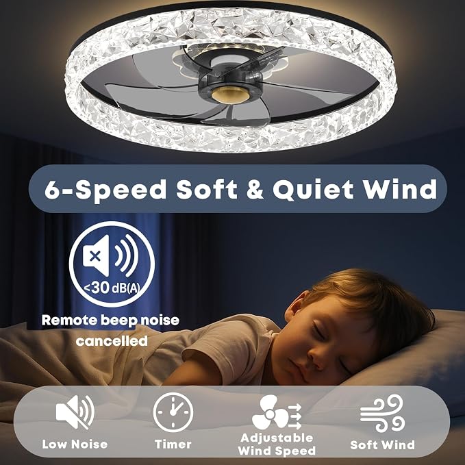 FSZDORJ 20'' Ceiling Fan with Light and Remote, Low Profile Ceiling Fan with Light, Dimmable Flush Mount Ceiling Fan Light, 6 Speeds Fan, App&Remote Control, Fandelier Quiet Fan for Bedroom F098 Black