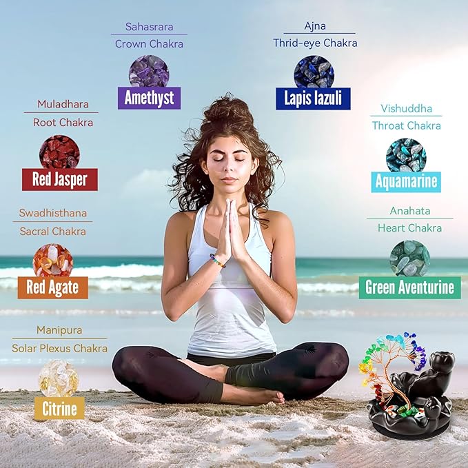 Backflow Incense Burner Ceramic Incense Waterfall Backflow Incense Holder 7 Chakras Gemstone Money Tree Crystal Tree Namaste Chakra Bracelet Cushion FengShui (Dark Brown)