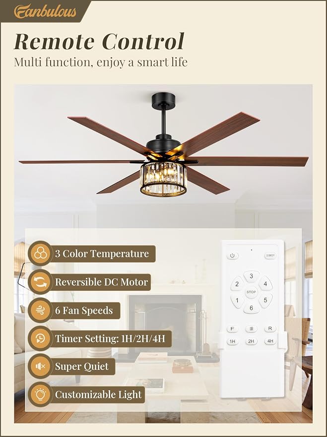 Fanbulous 65 Inch Farmhouse Crystal Ceiling Fan with Lights and Remote, Chandelier Ceiling Fan with Quiet Reversible DC Motor, Wood Blades - Ideal for Bedroom