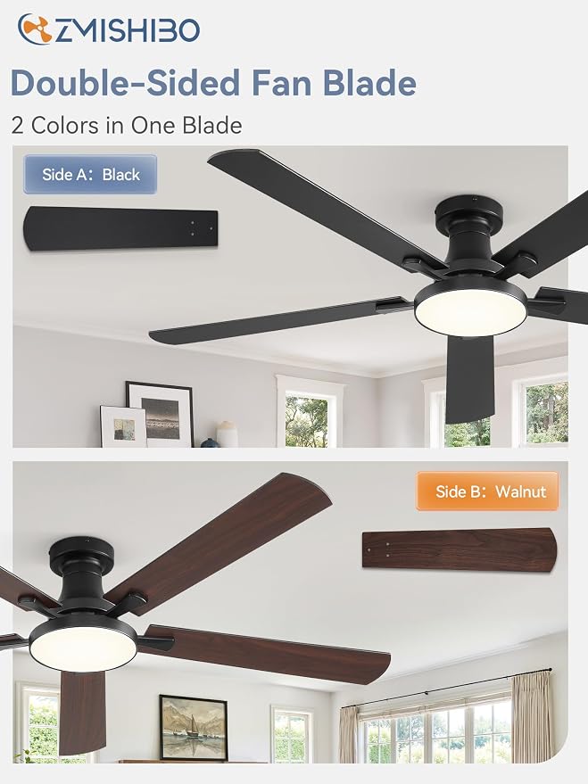 ZMISHIBO 60 Inch Flush Mount Ceiling Fan with Light, Remote&APP, Black | 6-Speed Quiet DC Motor, Dimmable 24W LED with 3CCT (3000K-6500K), Modern Low Profile for Living Room, Bedroom, Kitchen