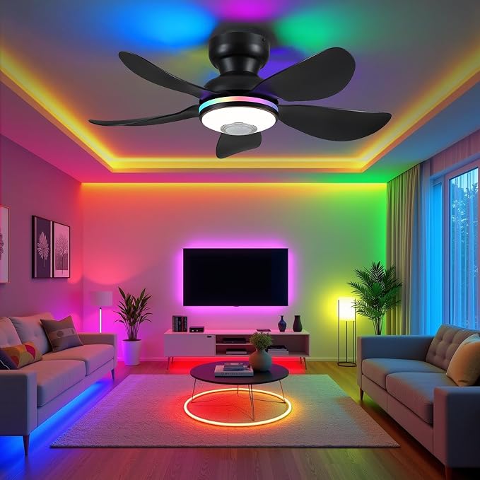 Kviflon 36" Ceiling Fans with RGB Lights Remote/APP Control, Small Ceiling Fan, 3 CCT Dimmable White Lights+RGB Ring Lights+Music Player, 5 Reversible Plastic Blades 6 Speeds for Kidsroom, Black