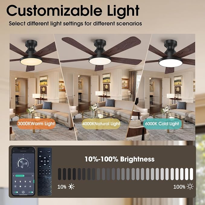 Ceiling Fans with Lights, 46" Low Profile Ceiling Fan with Light, Remote/App Control, Flush Mount Black Ceiling Fan for Bedroom, Indoor/Outdoor (Dark Wood)