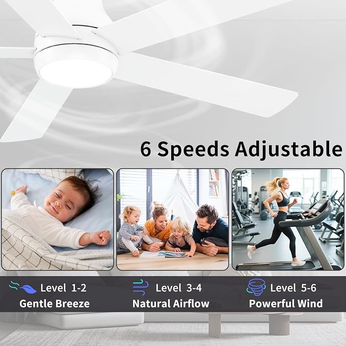 POCHFAN 60 Inch White Ceiling Fans with Lights and Remote, LED Low Profile Flush Mount Ceiling Fan for Bedroom, Living Room, Quiet DC Motor, Dimmable 6 Speeds
