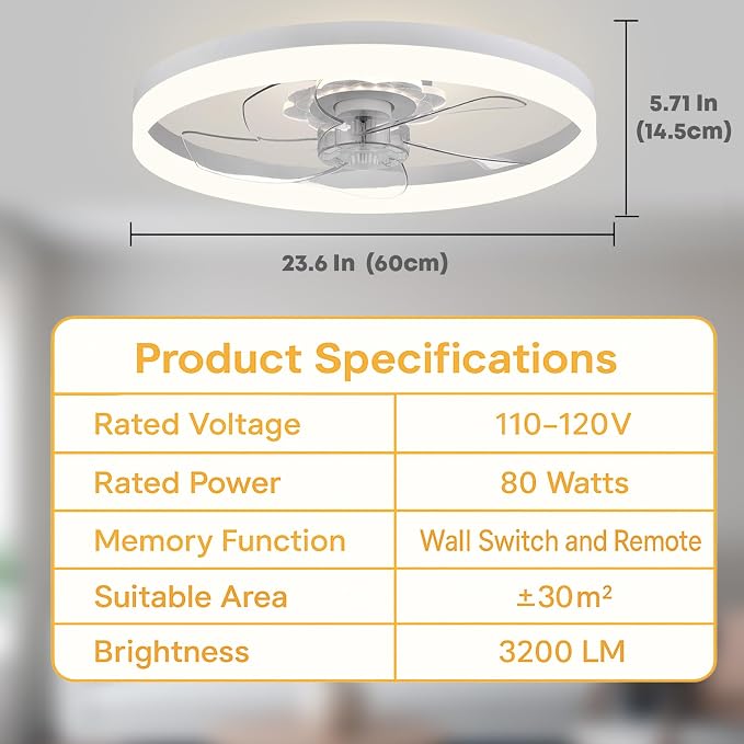 FSZDORJ 24'' Ceiling Fan with Light and Remote, Low Profile Ceiling Fan with Light, Dimmable Flush Mount Ceiling Fan Light, 6 Speeds Fan, App&Remote Control, Fandelier Quiet Fan for Bedroom F115 Black