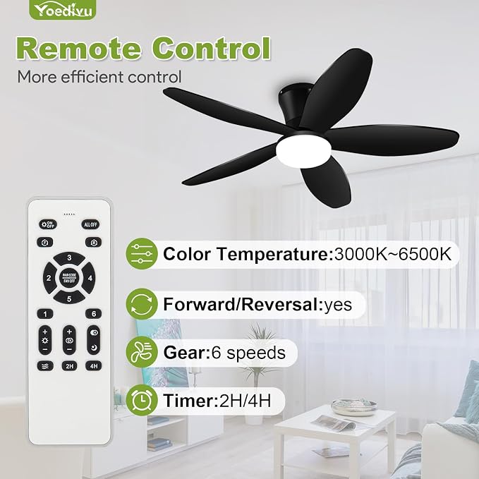Ceiling Fans with Lights - 42 Inch Low Profile Flush Ceiling Fan with Light and Remote Control, Flush Mount, 6-Speed, 3CCT, Noiseless,Timer, Black Ceiling Fans for Bedroom Indoor/Outdoor Use