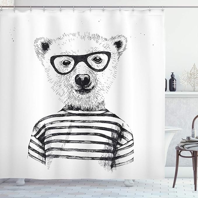 Ambesonne Animal Shower Curtain, Dressed up Hipster Nerd Smart Male Bear in Glasses Fun Character Animal Art Print, Cloth Fabric Bathroom Decor Set with Hooks, 69" W x 75" L, White Charcoal Grey