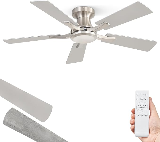 ZMISHIBO 42 Inch Ceiling Fan No Light, Flush Mount Low Profile, Modern Nickel Ceiling Fan Without Light, Remote Control & Quiet DC Motor, for Indoor&Outdoor, Bedroom, Living Room