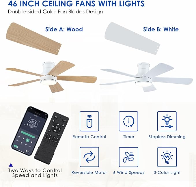 Hounberi 52 Inch Flush Mount Ceiling Fan with Lights and Remote, Modern Quiet DC Motor Low Profile Ceiling Fan for Low Ceilings, 5 Reversible Blades, 6 Speeds Dimmable, Indoor Outdoor Bedroom, White