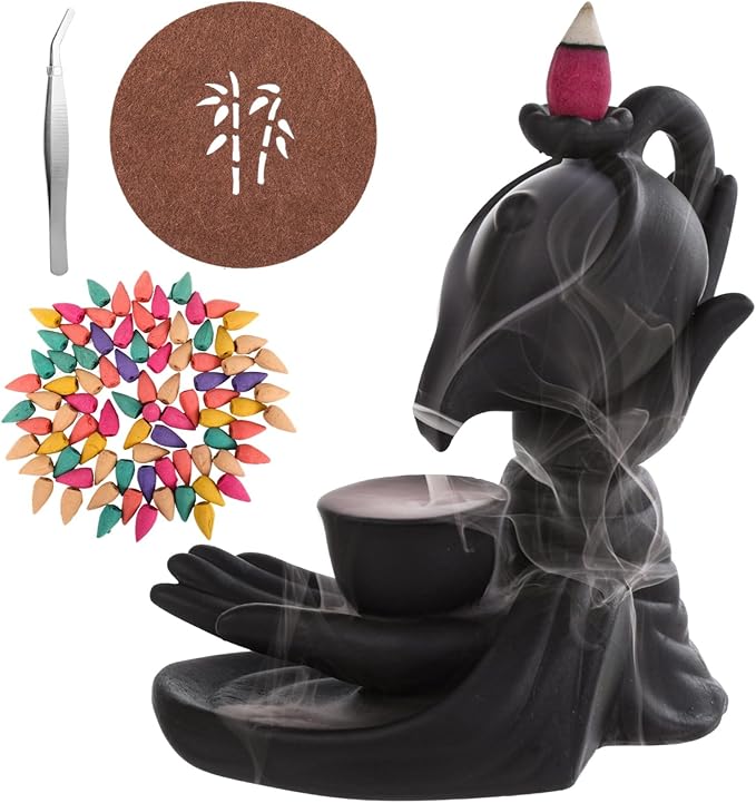 Buddha Hand Backflow Incense Burner, Ceramic Smoke Waterfall Burner with 100 Incense Cones, Tweezers, Mat, Meditation Home Decor