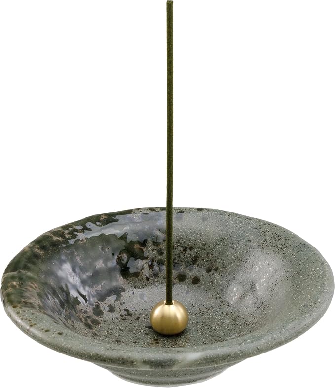 Asayu Japanese Small Incense Holder for Sticks 4.88 inch (124mm), Traditional Made in Japan Ceramic Ash Catcher and Brass Incense Burner Set - Grey