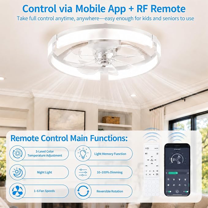 Ceiling Fans with Lights and Remote, 20'' Low Profile Ceiling Fan, 1-6 Wind Speeds, 3000-6500K Dimmable Flush Mount LED Fan Light, Modern Fandelier Ceiling Fans for Bedroom