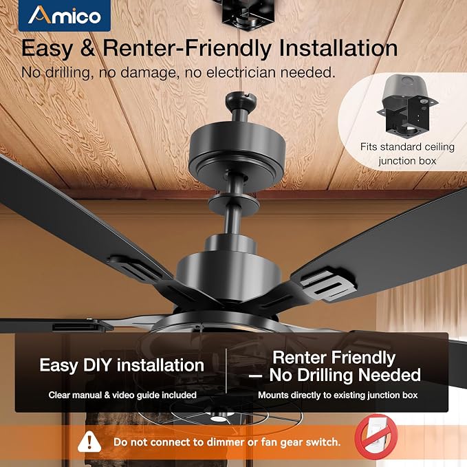 Amico 52 inch Ceiling Fans with Lights, Caged Ceiling Fan with Light and Remote Control, Dimmable, 3CCT, Quiet, Black Farmhouse Ceiling fan For Living Room, Bedroom, Kitchen, Patio Indoor/Outdoor Use