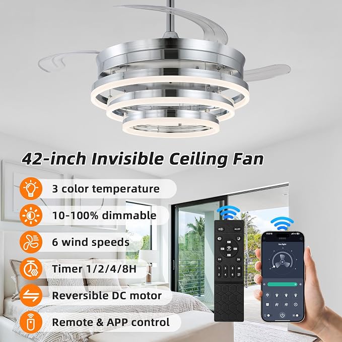 42 Inch Retractable Ceiling Fan, Modern Chandelier Ceiling Fan with Light,DC Motor, Dimmable,3 Color, 6 Wind Speed for Bedroom, Living Room and Dining Room, Silver