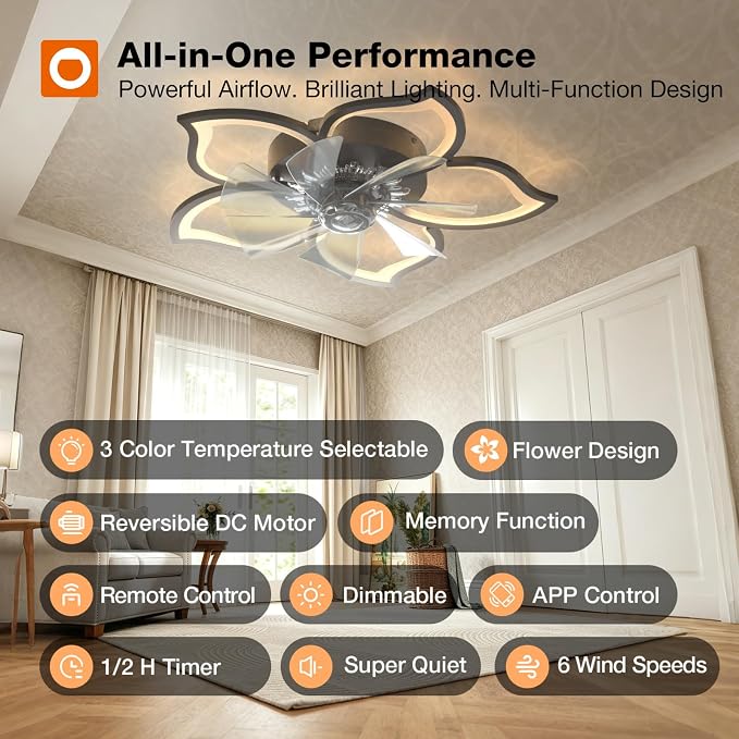 addlon Ceiling Fans with Lights and Remote, 27'' Low Profile Flush Mount Ceiling Fan, 3000–6000K Dimmable LED Fandelier, Flower Fan Light for Bedroom, Kitchen, Living Room, Black