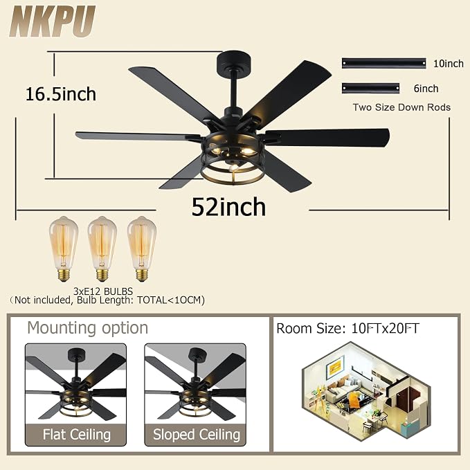 NKPU 52 Inch Farmhouse Ceiling Fan with Light and Remote, Black Industrial Caged Rustic Ceiling Fan with 6 Speed Reversible Motor and Dual Finish 6 Blades, Rustic Ceiling Fan for Living