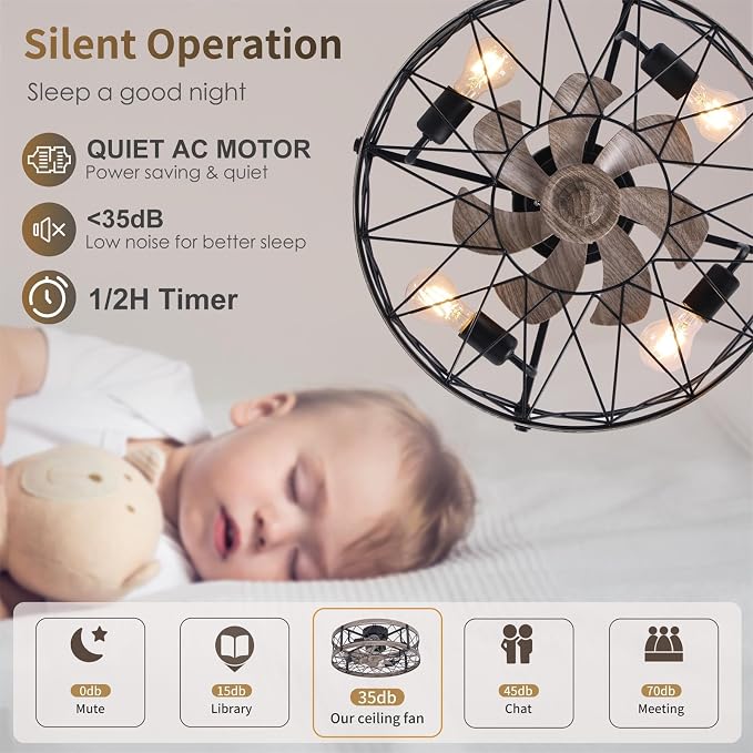 24" Farmhouse Caged Ceiling Fans with Lights Flush Mount, Rustic Low Profile Ceiling Fan with Light and Remote, Quiet Reversible DC Motor Bladeless Enclosed Ceiling Fan for Bedroom Kitchen Dining Room