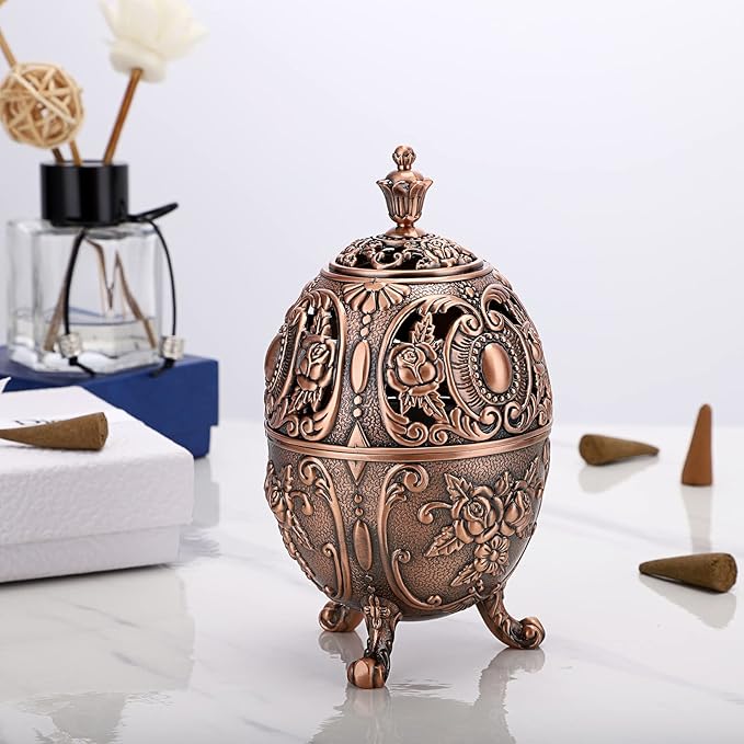 JUXYES Vintage Incense Burner Holder with Removable Ash Catchers, Metal Censer Antique Cone Coil Incense Burner Holder Zinc Alloy Spiritual Aromatherapy Yoga Meditation Gifts Retro Home Decoration