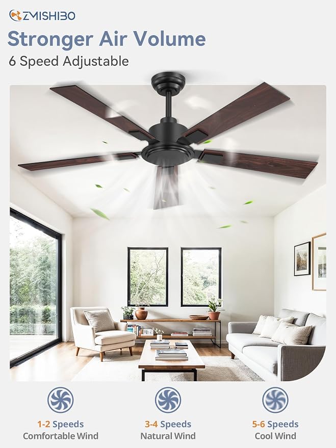ZMISHIBO 52 Inch Ceiling Fan No Light with Remote Modern Black Ceiling Fan with Quiet Reversible DC Motor,6-Speeds 5 Blades, Indoor/Outdoor Ceiling Fans Without Light for Patios, Living Room, Garage