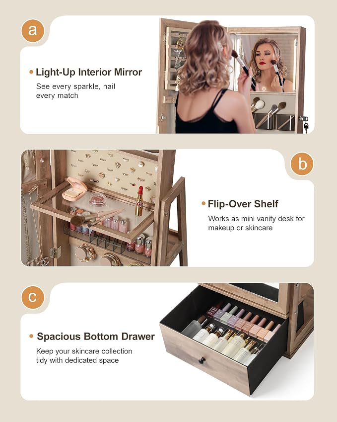Nicetree 360° Swivel Jewelry Cabinet with Lights, Touch Screen Vanity Mirror, Rotatable Full Length Mirror with Jewelry Storage, Standing Jewelry Armoire Organizer, Foldable Makeup Shelf, Oak
