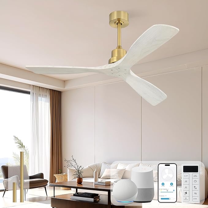 Sofucor Smart Ceiling Fan no Lights, 52" Low Profile Wood Ceiling Fans with Remote, Compatible with Alexa/Google/App, for Bedroom Living Room Patio Porch Indoor Outdoor